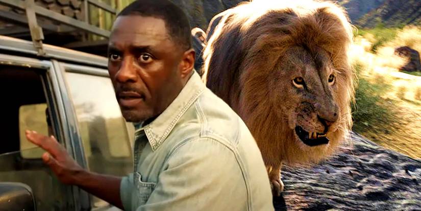 Dr. Nate Samuel holding onto a car door and an angry lion looking from top of the rock in Beast
