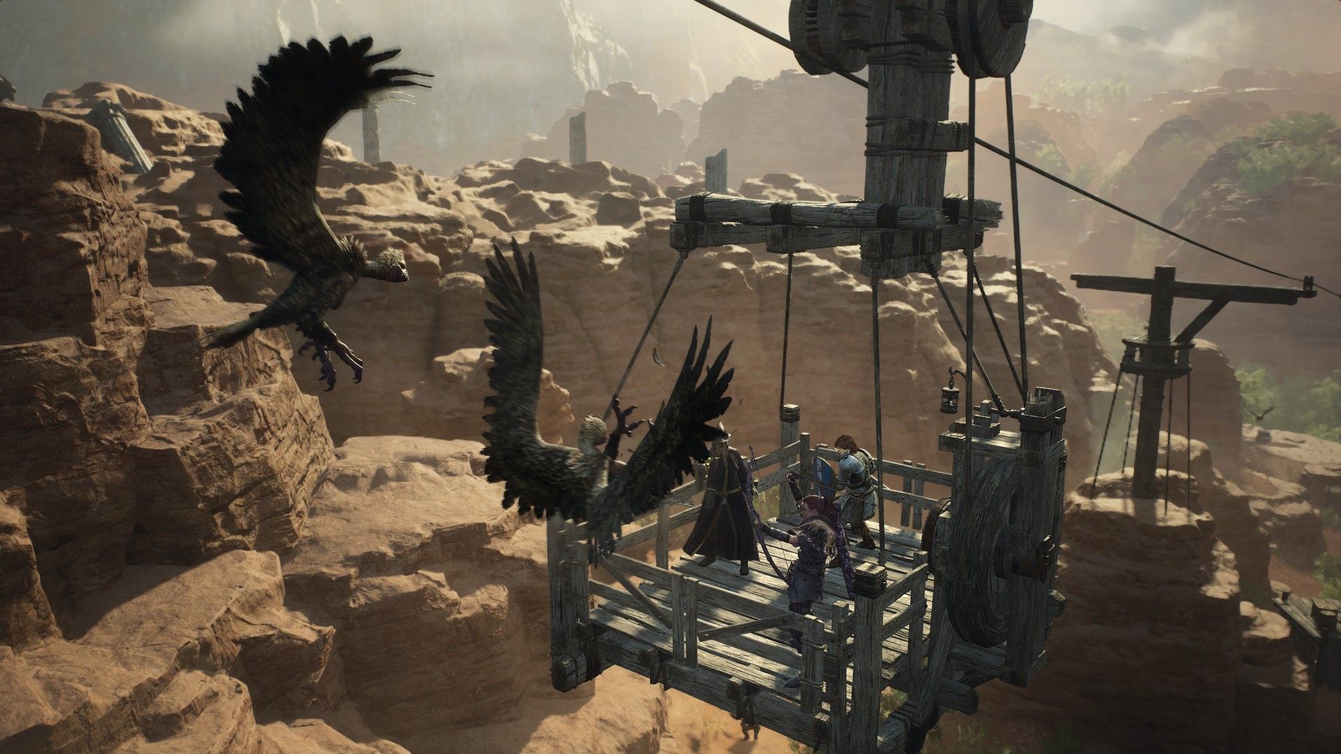 Dragon&rsquo;s Dogma 2 group in combat with flying harpies.