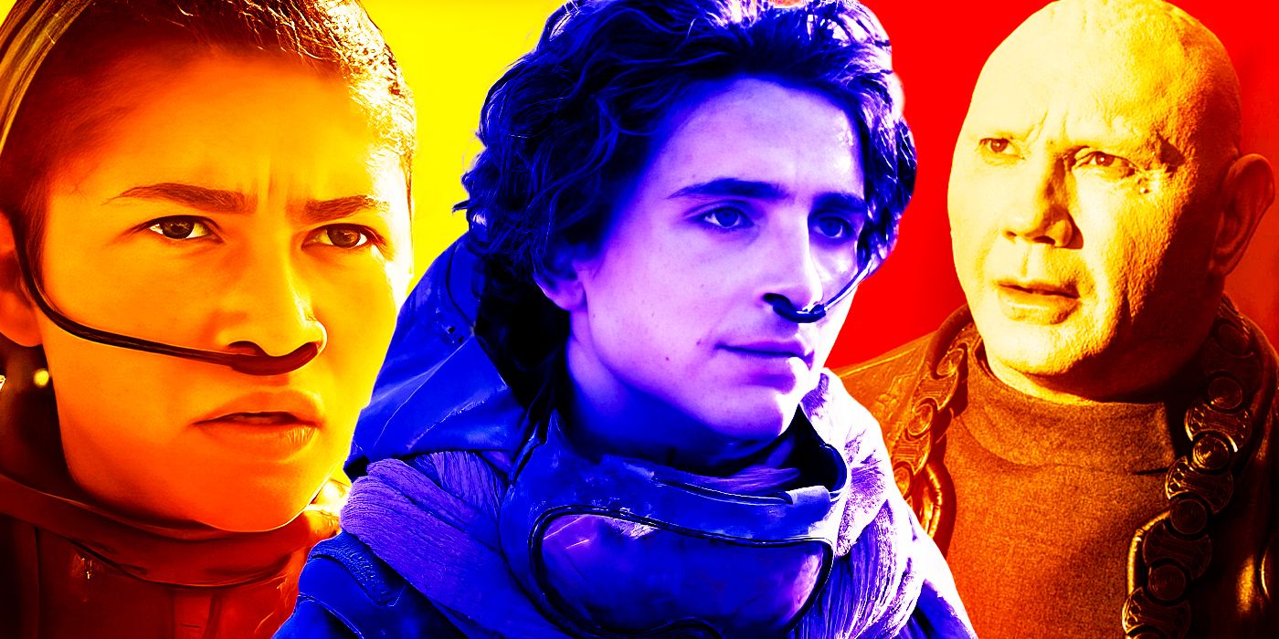 Zendaya, Timothee Chalamet, and Dave Bautista in Dune