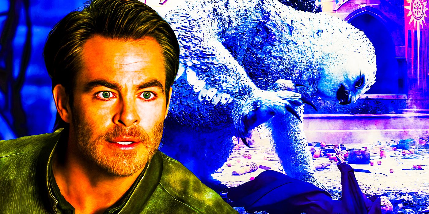 Chris Pine and the owlbear from Honor Among Thieves