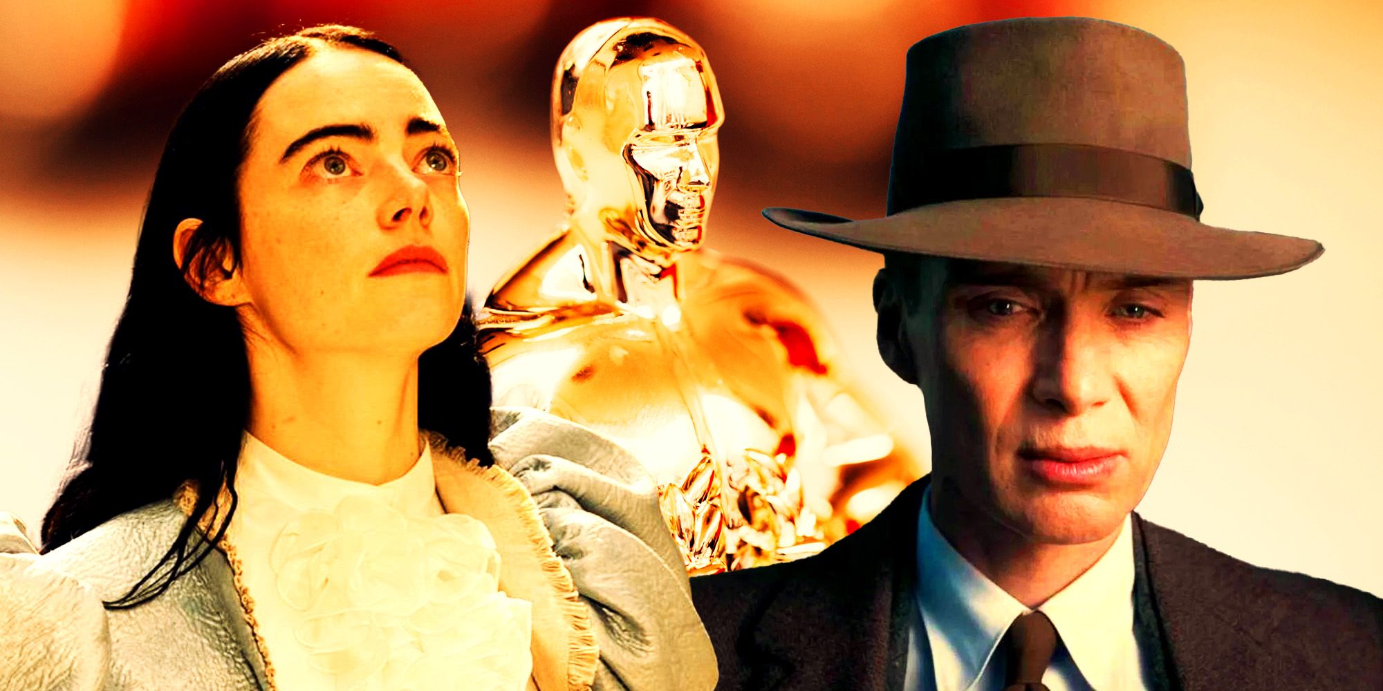 Collage of Emma Stone in Poor Things, the Oscars statue, and Cillian Murphy in Oppenheimer