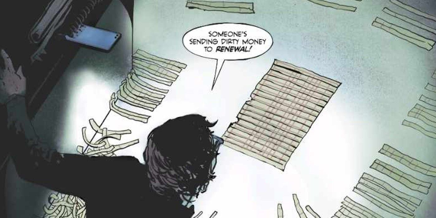 Edward Nashton discovering Renewal&rsquo;s dirty money before he becomes the Riddler in The Riddler: Year One.