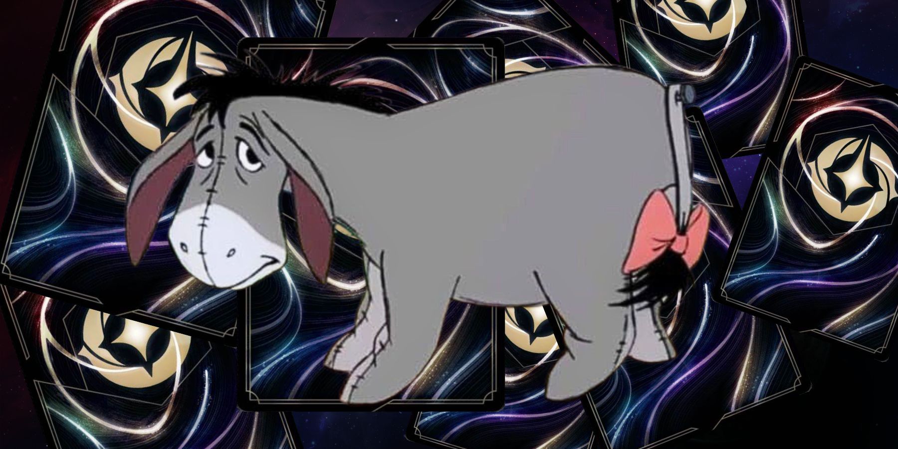 Eeyore in front of some Lorcana card backs