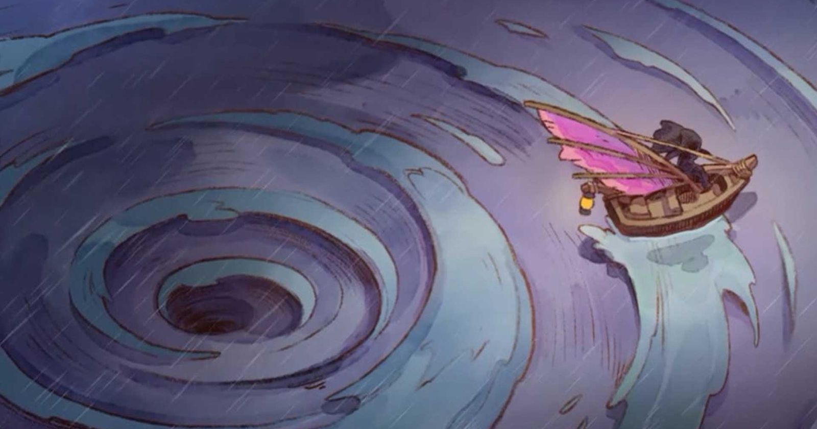 The opening scene of Fae Farm where the player is caught in a whirlpool