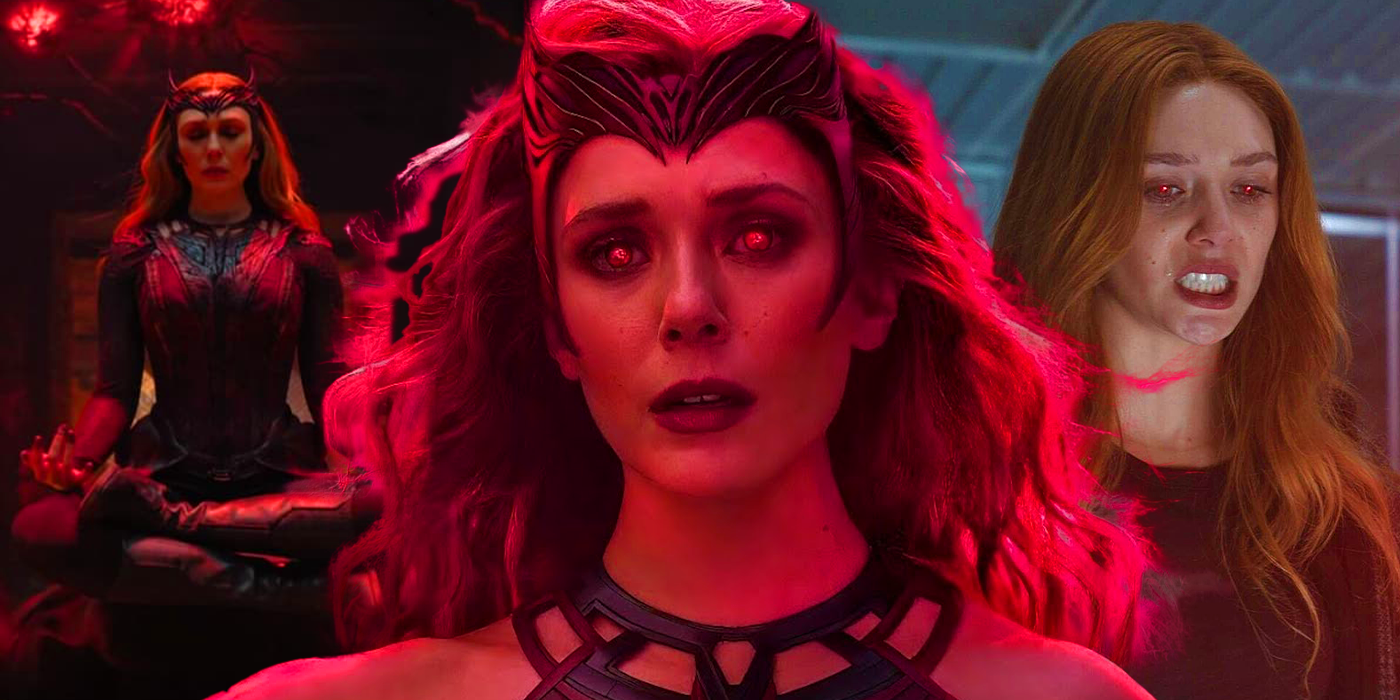 Elizabeth Olsen as the Scarlet Witch in Doctor Strange in the Multiverse of Madness, WandaVision, and Captain America Civil War