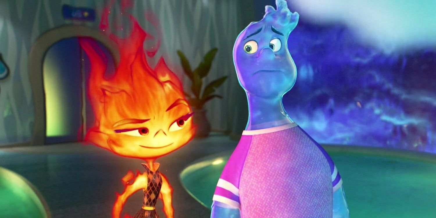 Ember and Wade look at each other in Elemental.