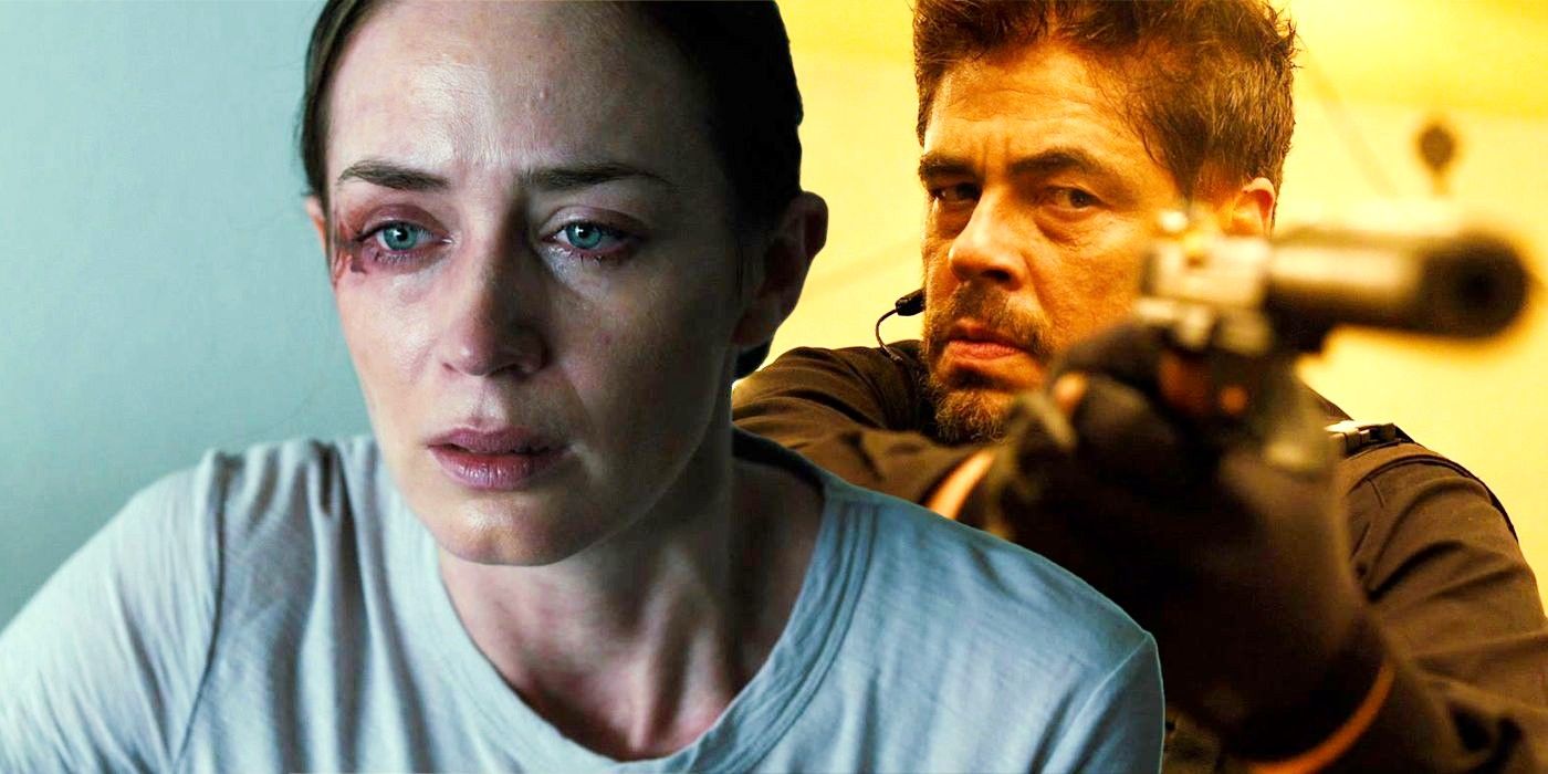 Collage of Emily Blunt with a black eye and Benicio del Toro pointing a gun in Sicario