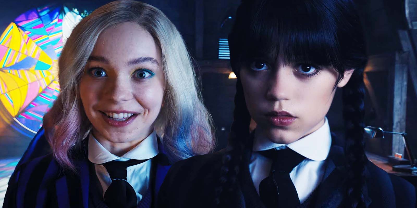 Emma Myers as Enid Sinclair and Jenna Ortega as Wednesday Addams in Wednesday season 1