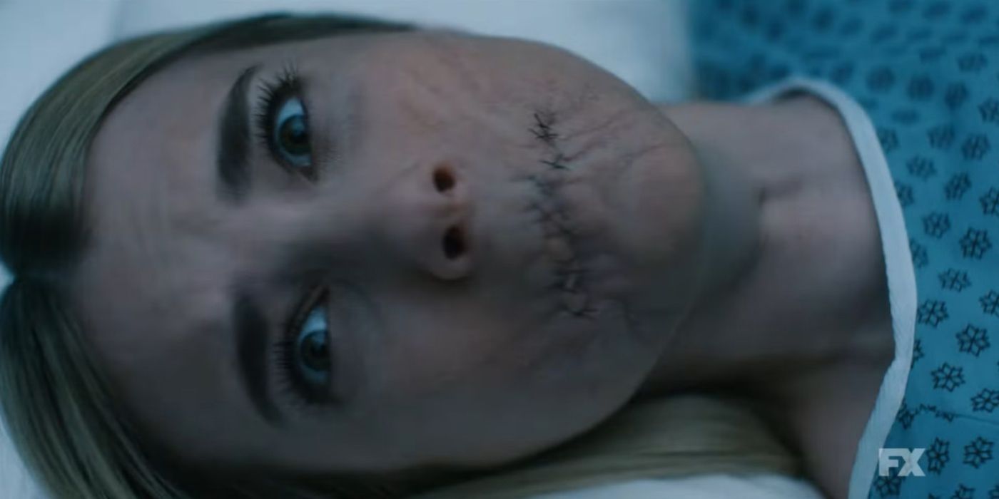 Emma Roberts with her mouth sewn shut in American Horror Story season 12.