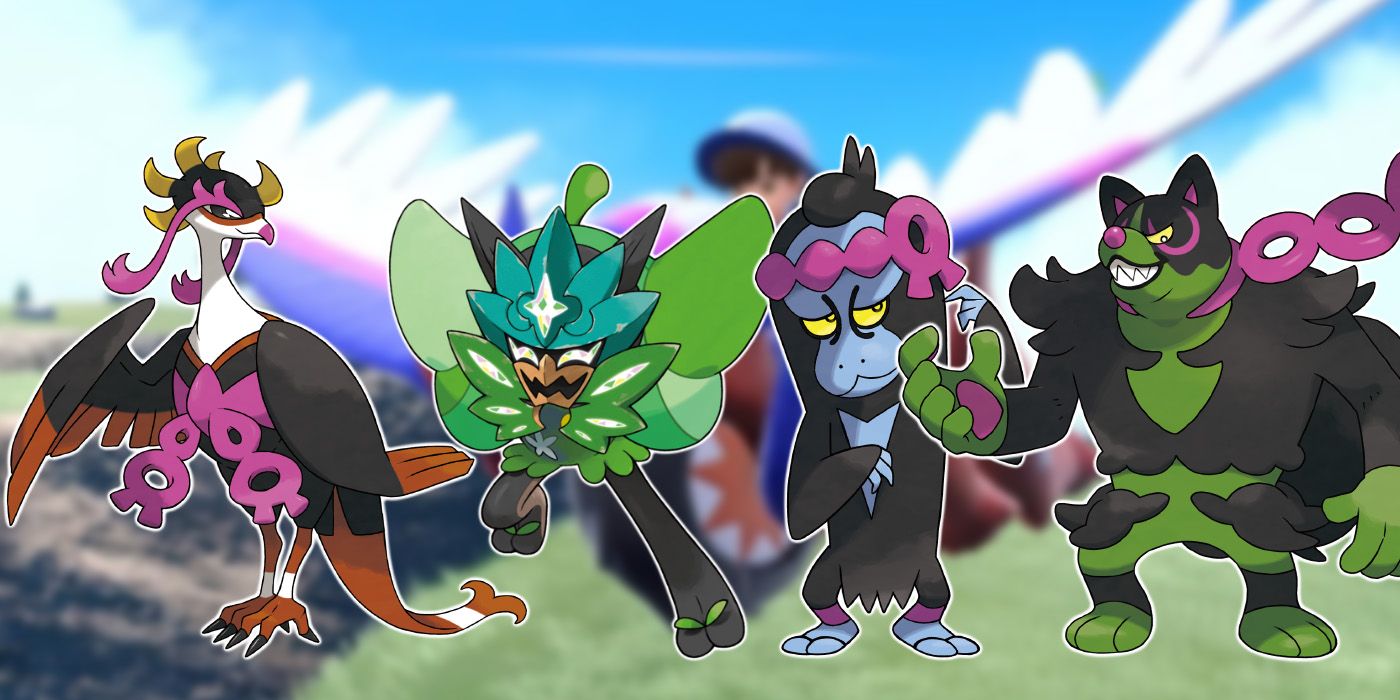 From left to right are Fezandipiti, Ogerpon, Munkidori, and Okidogi from Pokémon Scarlet and Violet's Teal Mask expansion.