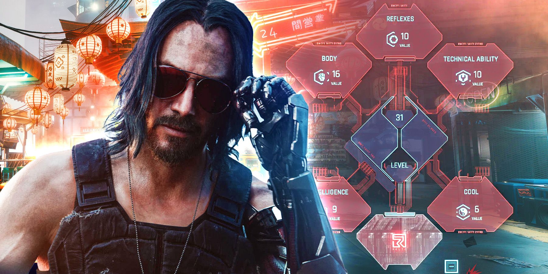 Johnny Silverhand adjusts his sunglasses in front of Cyberpunk 2077's base stat tree.