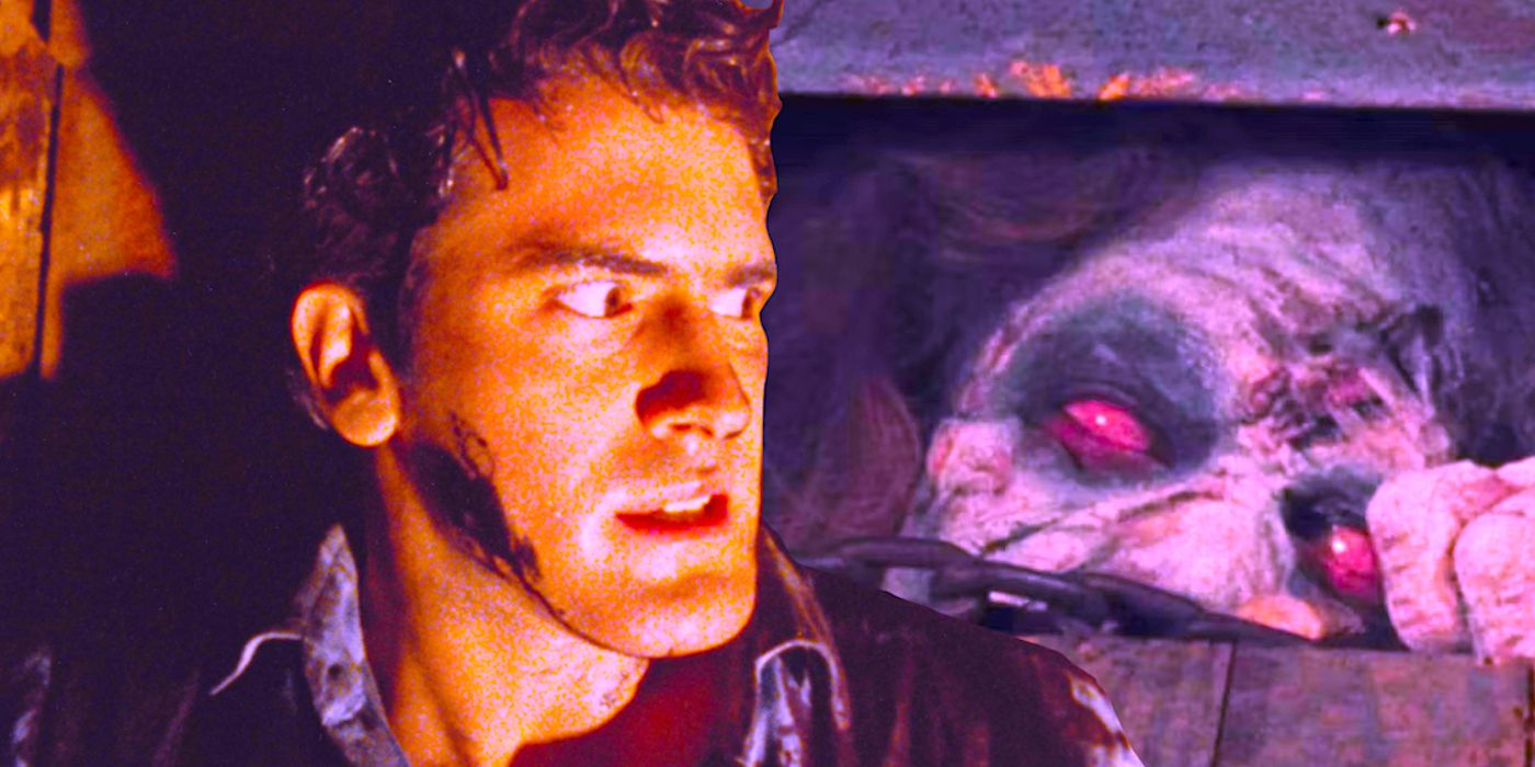 Collage of Bruce Campbell and another scene from The Evil Dead