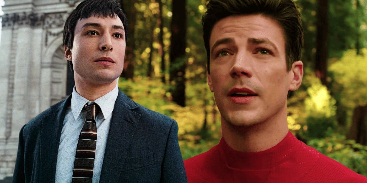 Custom image of Ezra Miller's Barry Allen in The Flash movie ending and Grant Gustin's Barry Allen looking emotional.