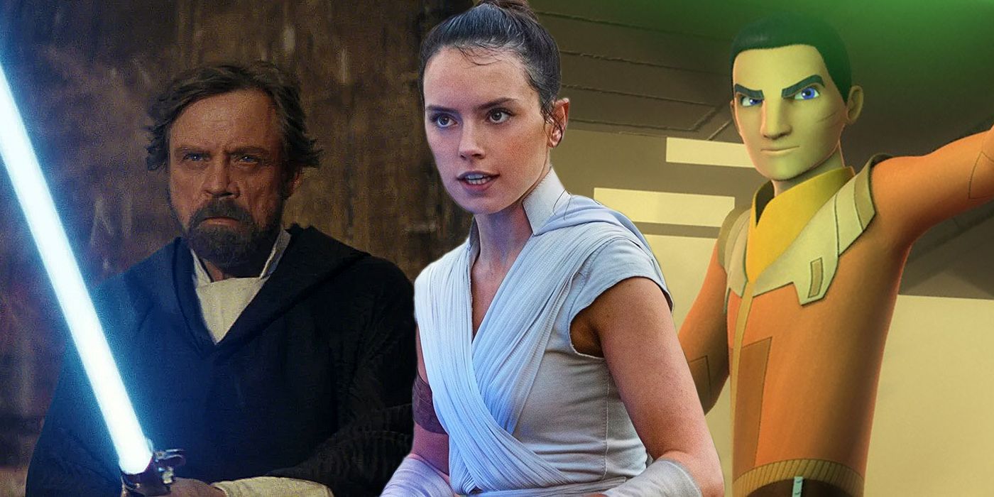 Ezra from Star Wars Rebels next to Luke Skywalker and Rey Skywalker from the sequel trilogy