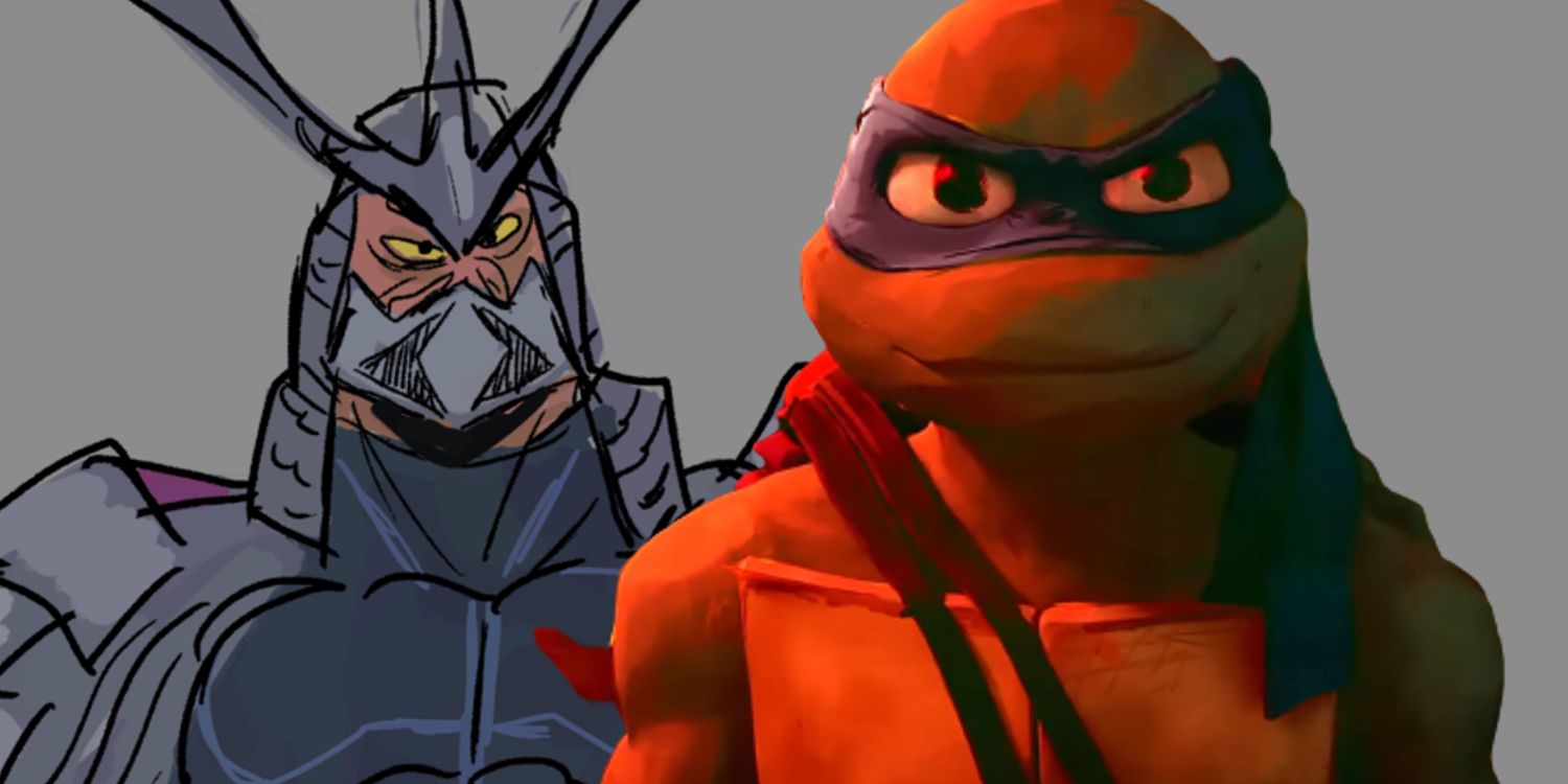 Custom image of Shredder concept art and Leonardo smiling in Teenage Mutant Ninja Turtles Mutant Mayhem