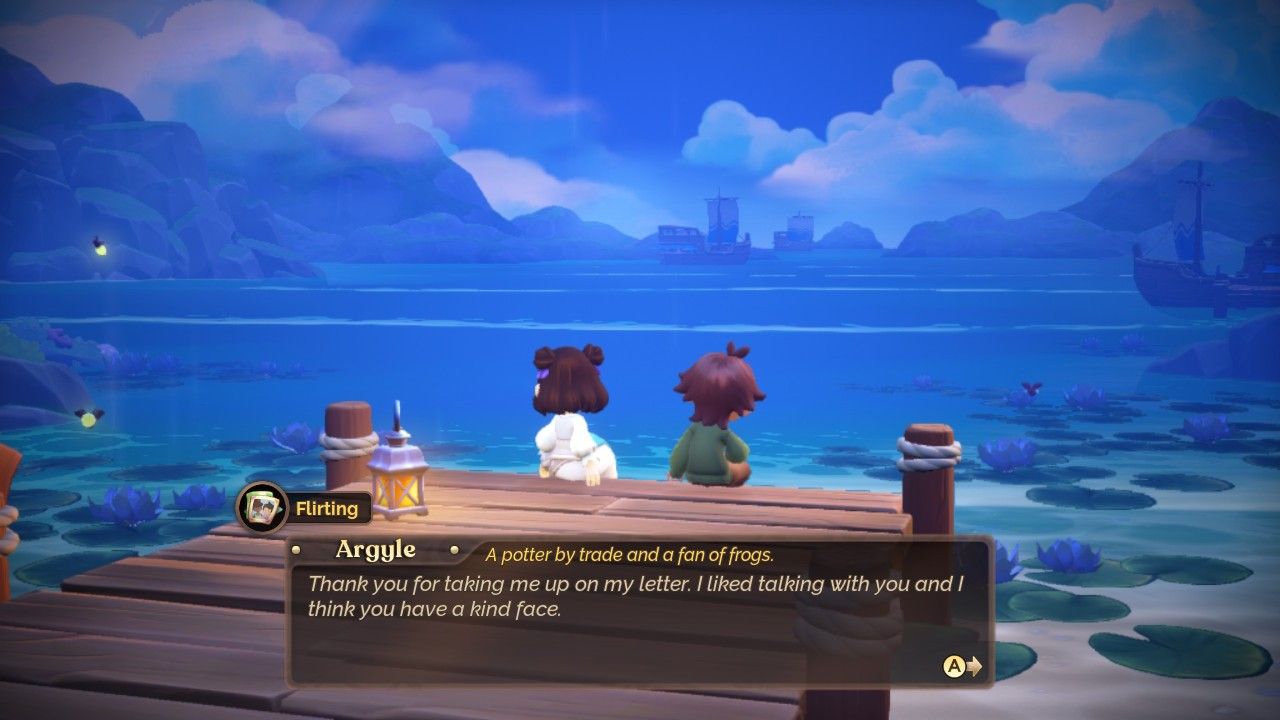 Fae Farm Date with the player and Argyle sitting on a dock.