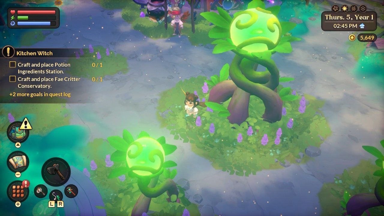 Fae Farm Fae Realm with the character under a glowing green tree and a fairy in the background.