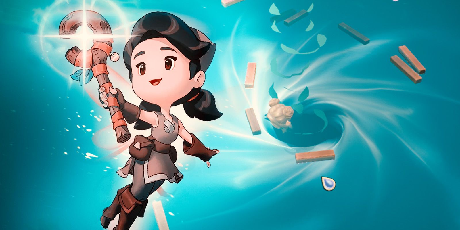 A render of a Fae Farm player character with a white glow around her, set to the left of a whirlpool currently sucking another player character and some debris underwater.