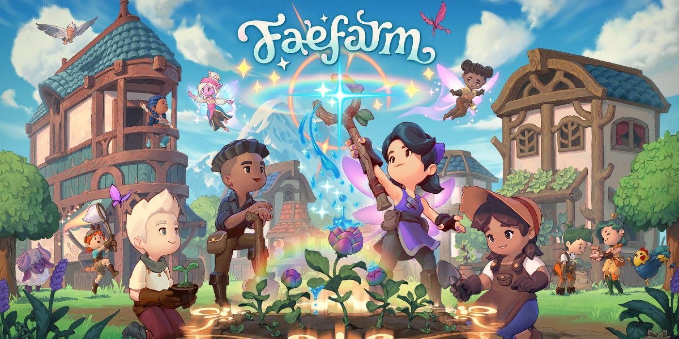 Fae Farm Key Art showing the title and characters gathered around a planter, one holding a magical staff.