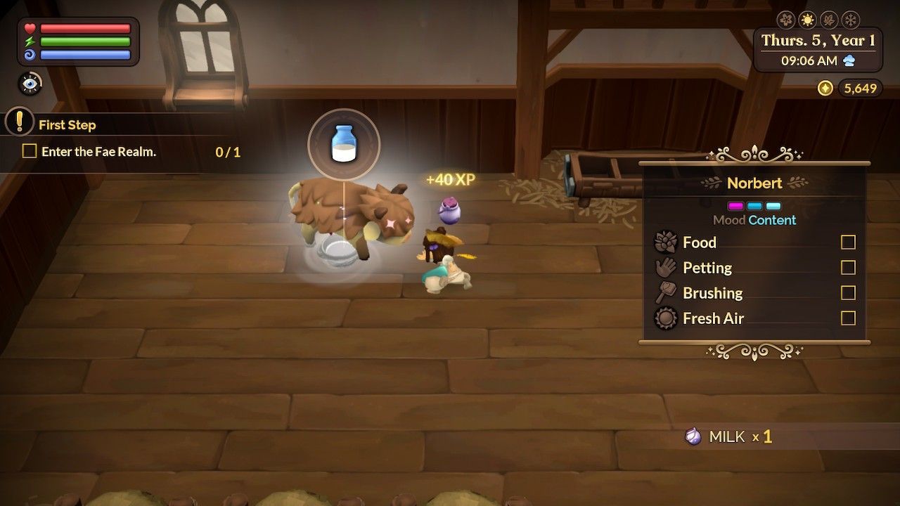 Fae Farm milking of a Woolyhorn animation.