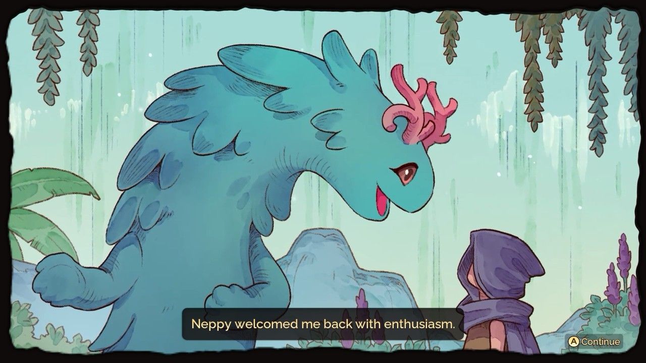 Fae Farm water sprite Neppy cutscene drawn like a storybook.