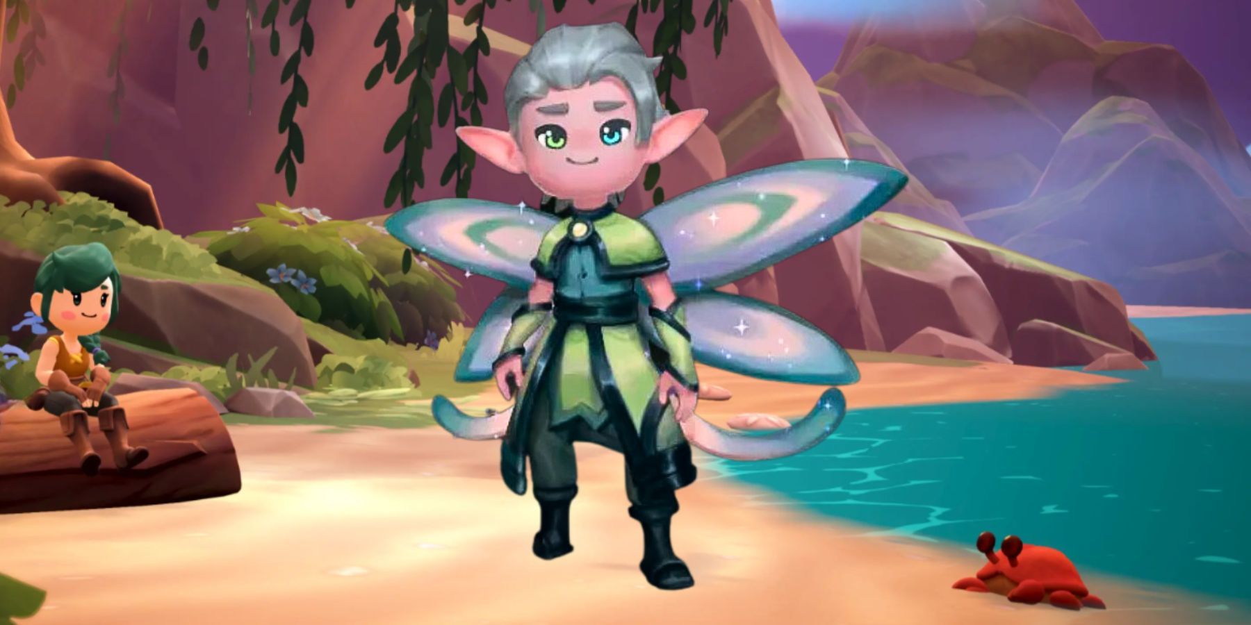 Fae Farm image of a beach with Nhamashal standing in front and center