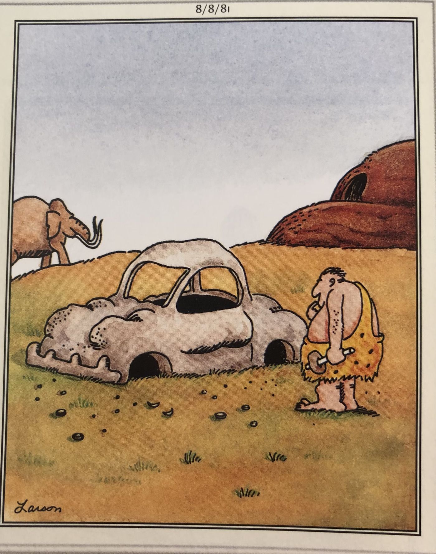 Far Side Caveman Invents Car Without Inventing Wheels