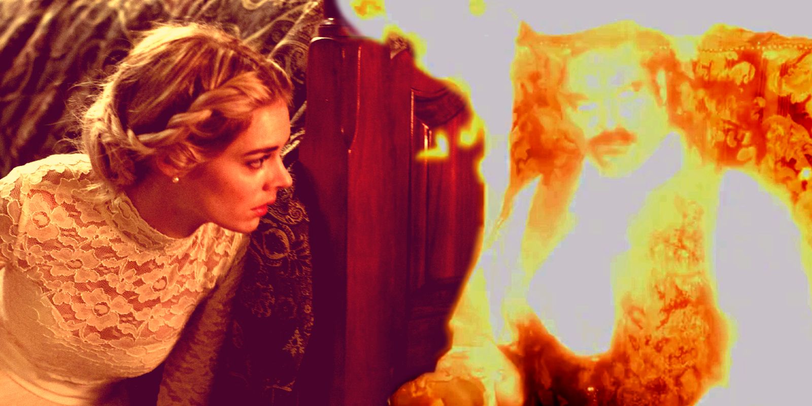 This image shows Grace looking over at a fiery demon.