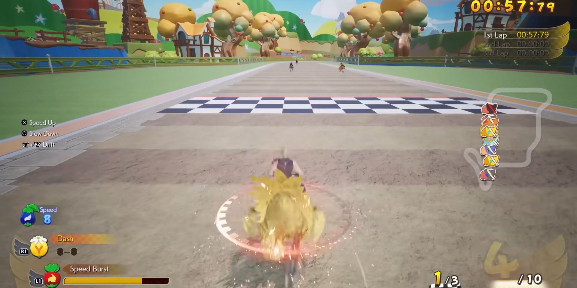 Cloud rides a yellow chocobo toward the finish line of a chocobo race, on a track that looks like a cartoon village.