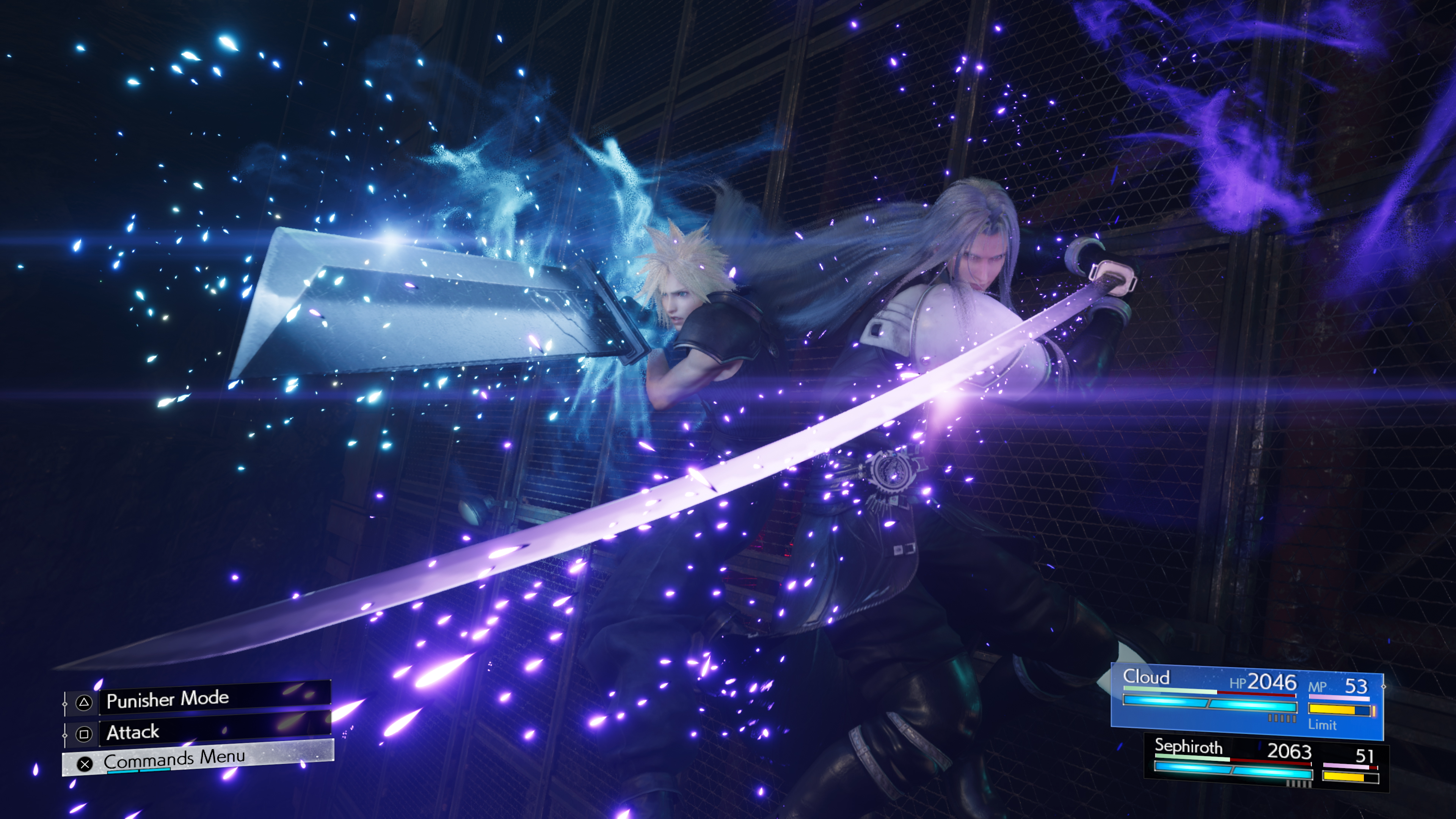 A screenshot from Final Fantasy 7 Rebirth, showing Cloud and Sephiroth back-to-back, branding their swords together. Cloud's Buster Sword is surrounded by blue light and sparks, while Sephiroth's Masamune's effects are purple.