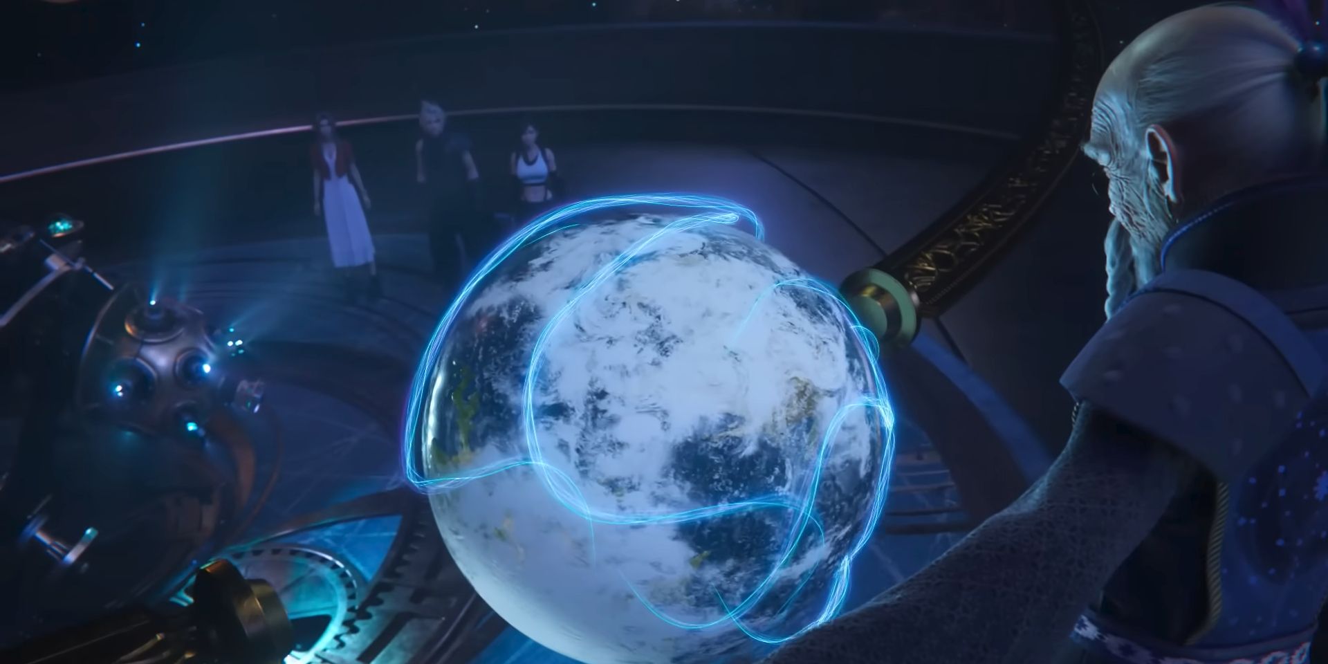 Bugenhagen looks at a model of a planet with his arms outspread, while the rest of the FF7 Rebirth party watches him.