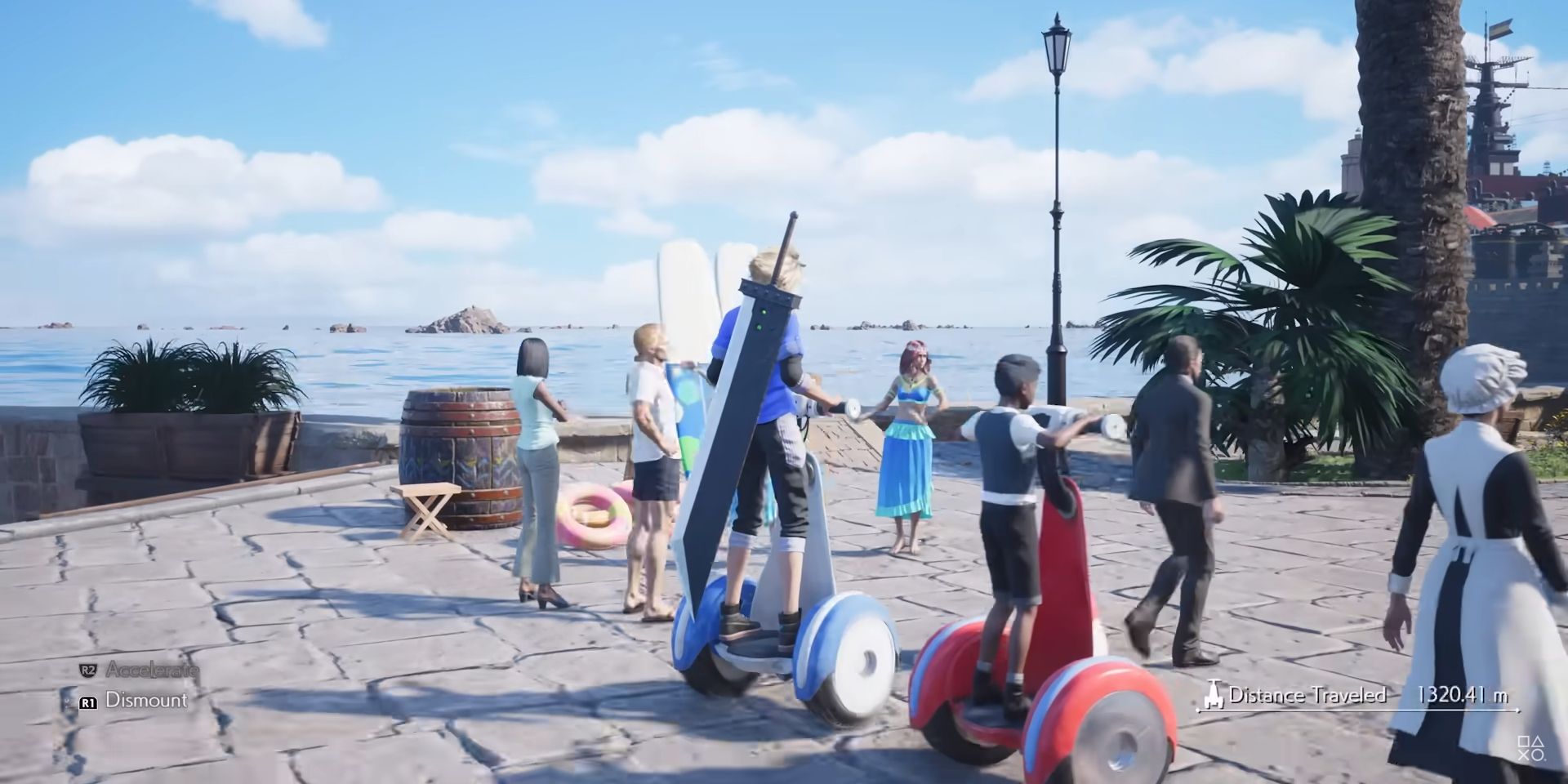Cloud rides a Segway along a beachfront boardwalk in what's likely Costa del Sol's apperance in FF7 Rebirth.