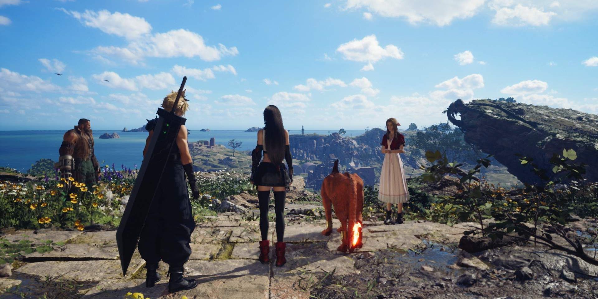 Membros do grupo FF7, incluindo Barret, Cloud, Tifa, Red XIII e Aerith, olhando para uma paisagem arborizada do topo de um penhasco.