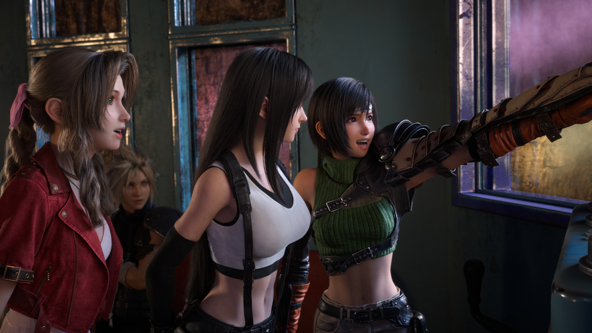 Yuffie points at something offscreen, while Tifa and Aerith look on beside her. Behind the three Cloud can also be seen.