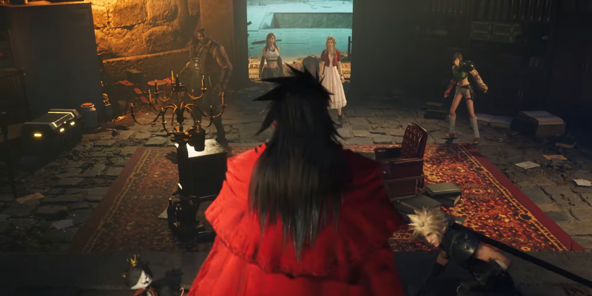 Vincent Valentine seen from the back, looking down at Cloud, Aerith, and Tifa in a screenshot from FF7 Rebirth.