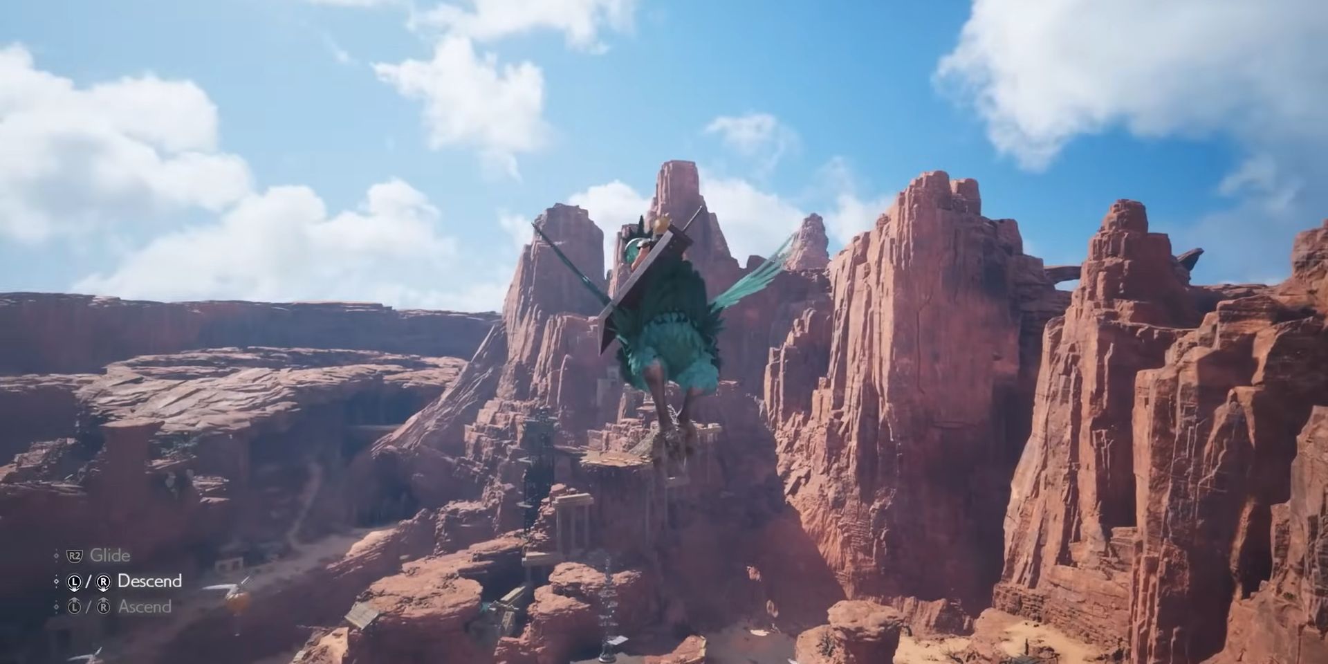 Cloud rides a blue chocobo in the air in a screenshot from an FF7 Rebirth trailer.