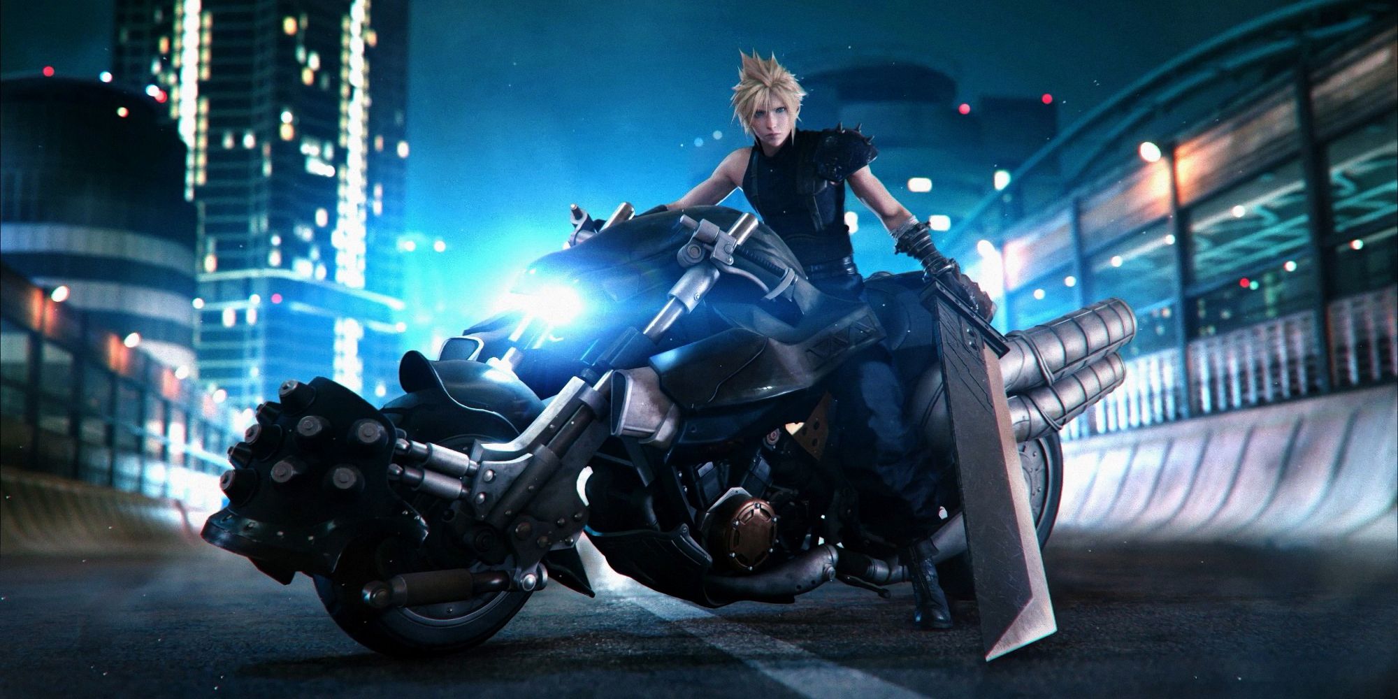 Cloud leans on his motorcycle in Midgar at night in a screenshot from FF7 Rebirth.