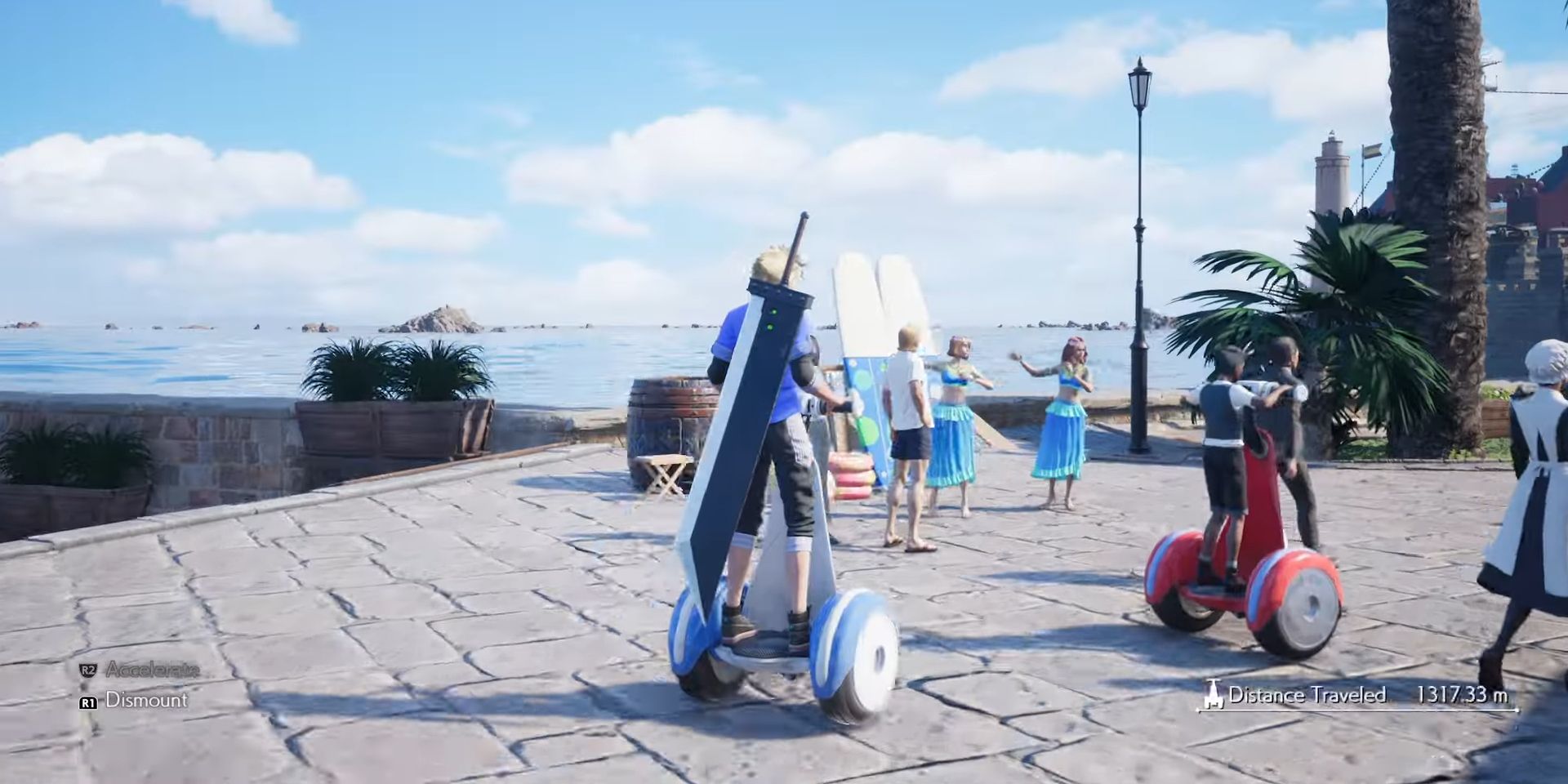 Cloud rides a brightly colored Segway scooter near a beach in a screenshot from an FF7 Rebirth trailer.