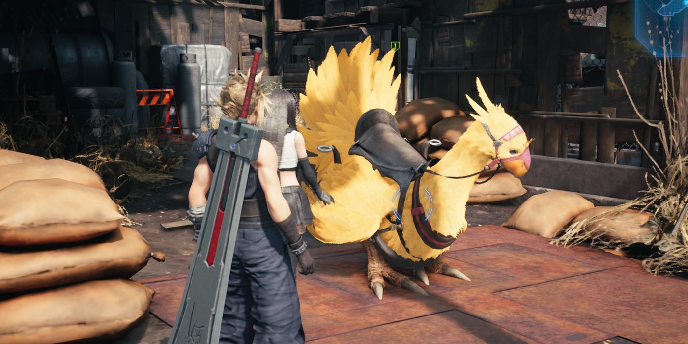 Cloud approaches a yellow chocobo in the Midgar slums in a screenshot from FF7 Remake.