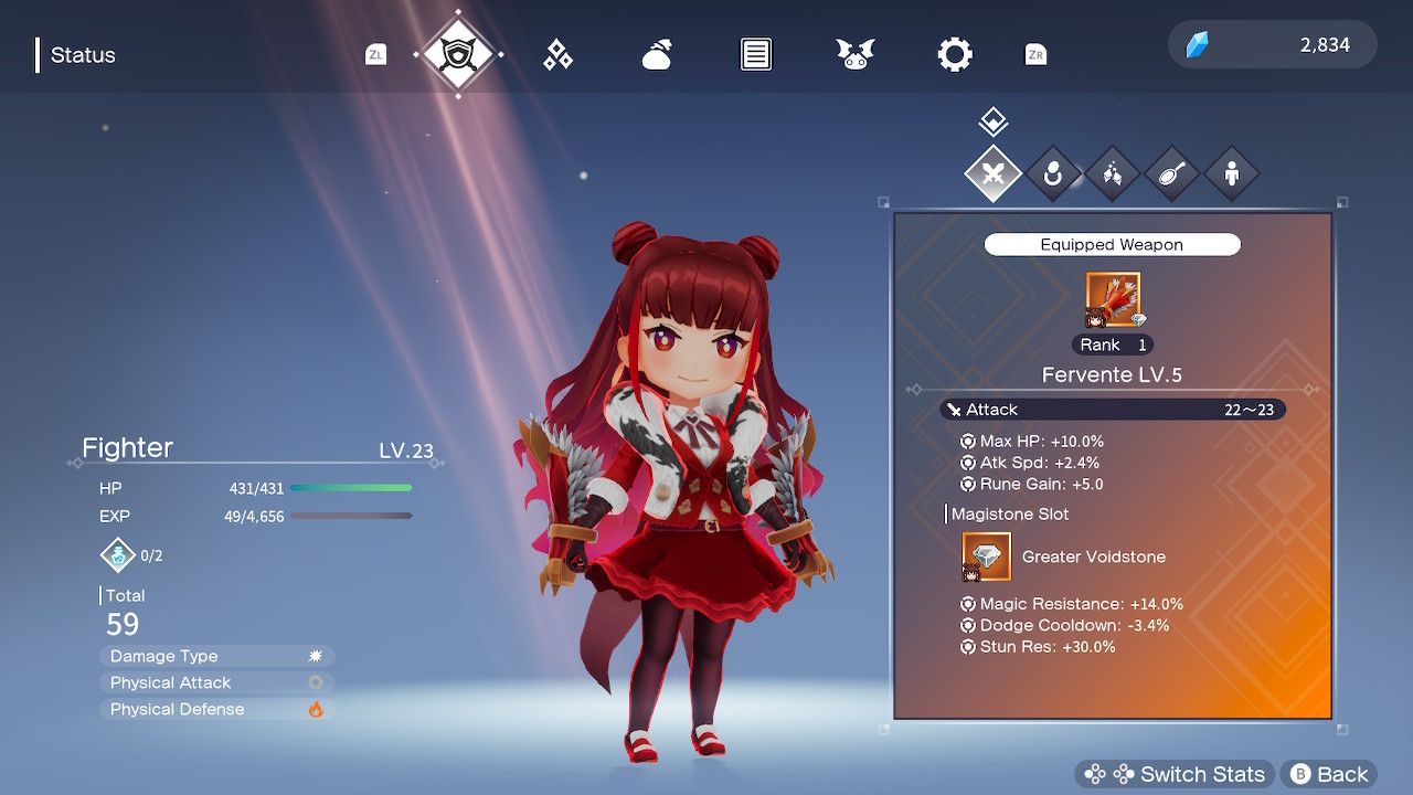 Fighter in Silent Hope with weapons and stats