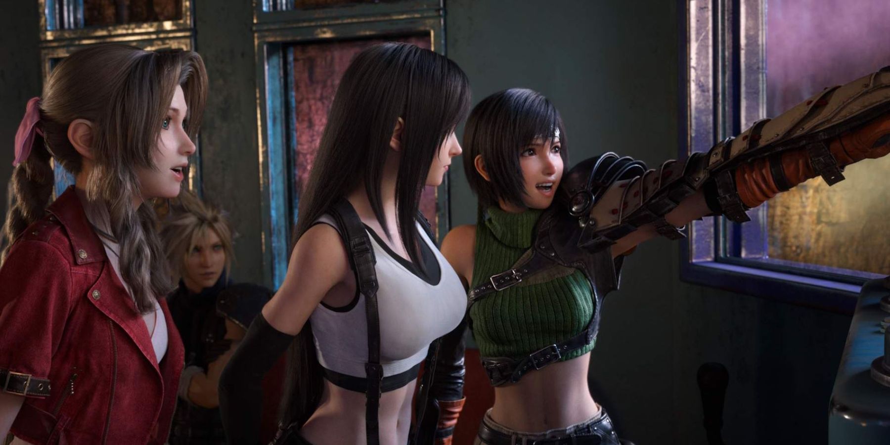 Yuffie points at something offscreen, while Tifa and Aerith look on beside her. Behind the three Cloud can also be seen.