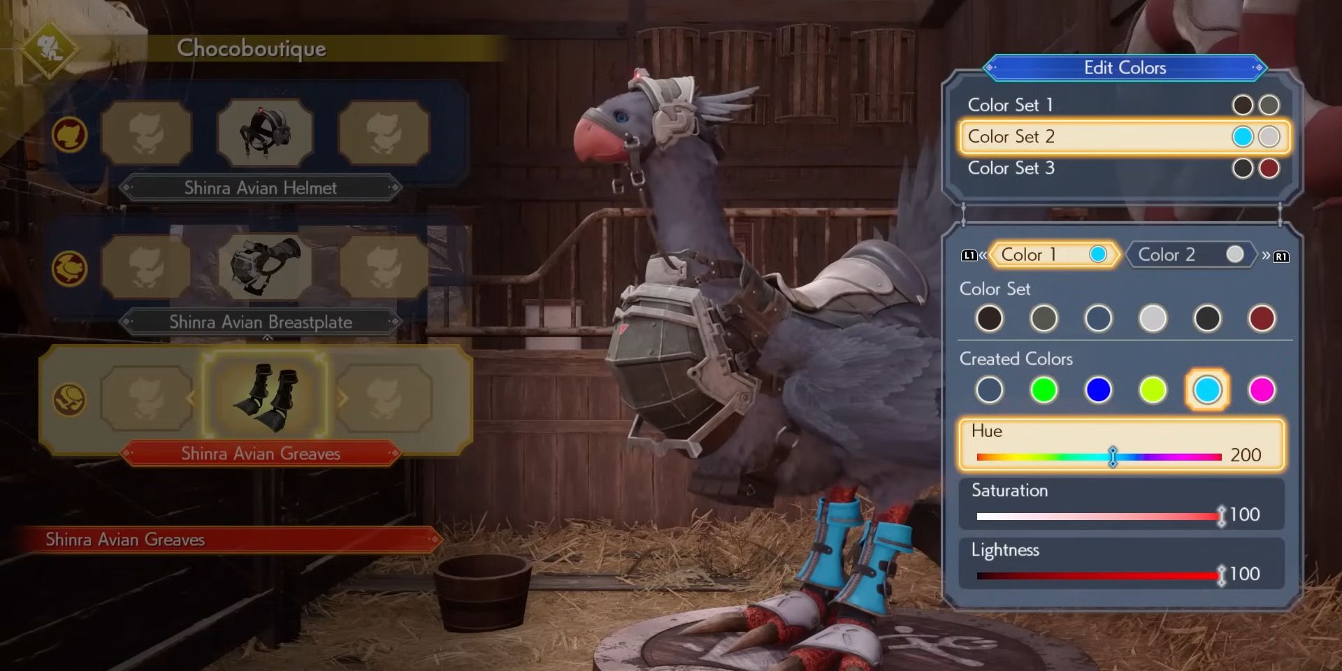 The Chocobo customization screen in the Chocoboutique feature, as seen on Aruuu&rsquo;s video preview of Final Fantasy 7 Rebirth.