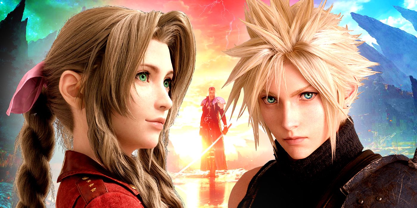Final Fantasy 7 Remake's Aerith on the left and Cloud on the right. Between them, in the distance, is Sephiroth standing among flames.