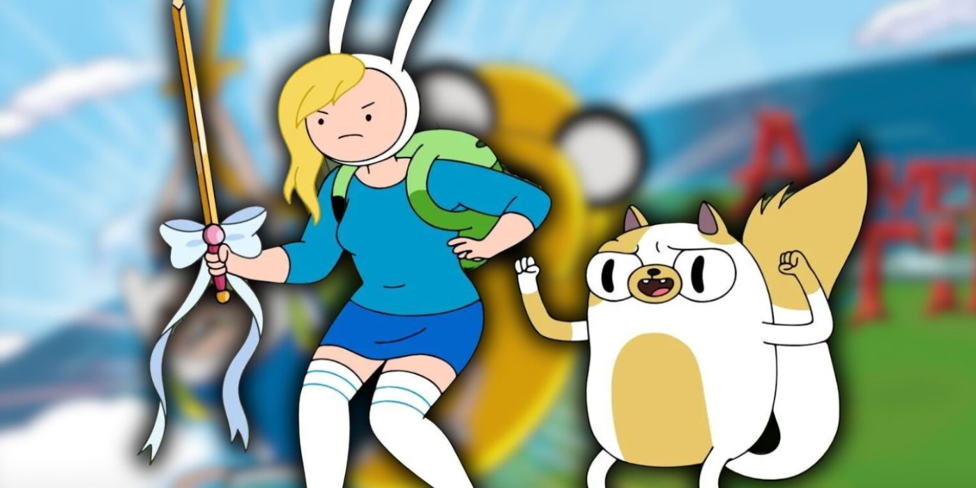 Fionna and Cake in front of blurred Jake and Finn Adventure Time poster