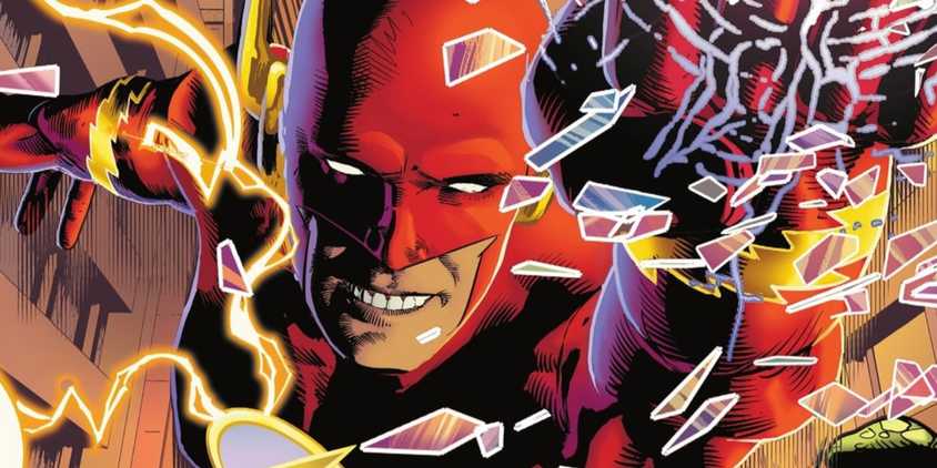Comic book art: Wally West Flash runs towards the reader, shattering glass.