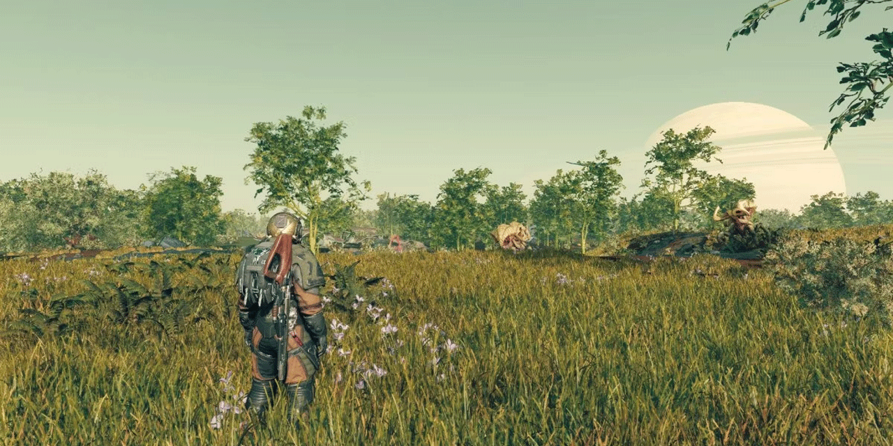 Astronaut standing in green grass in Starfield the video game.