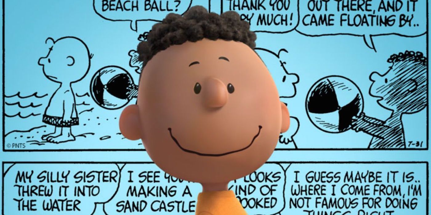 Picture of Franklin from the Peanuts movie against an image of his first appearance in the comics