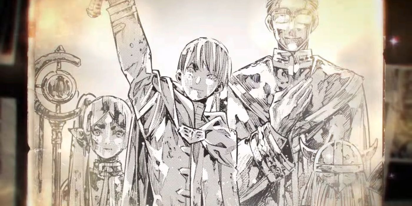 Frieren Beyond Journey&rsquo;s End official artwork showing the heroes memorialized as statues.