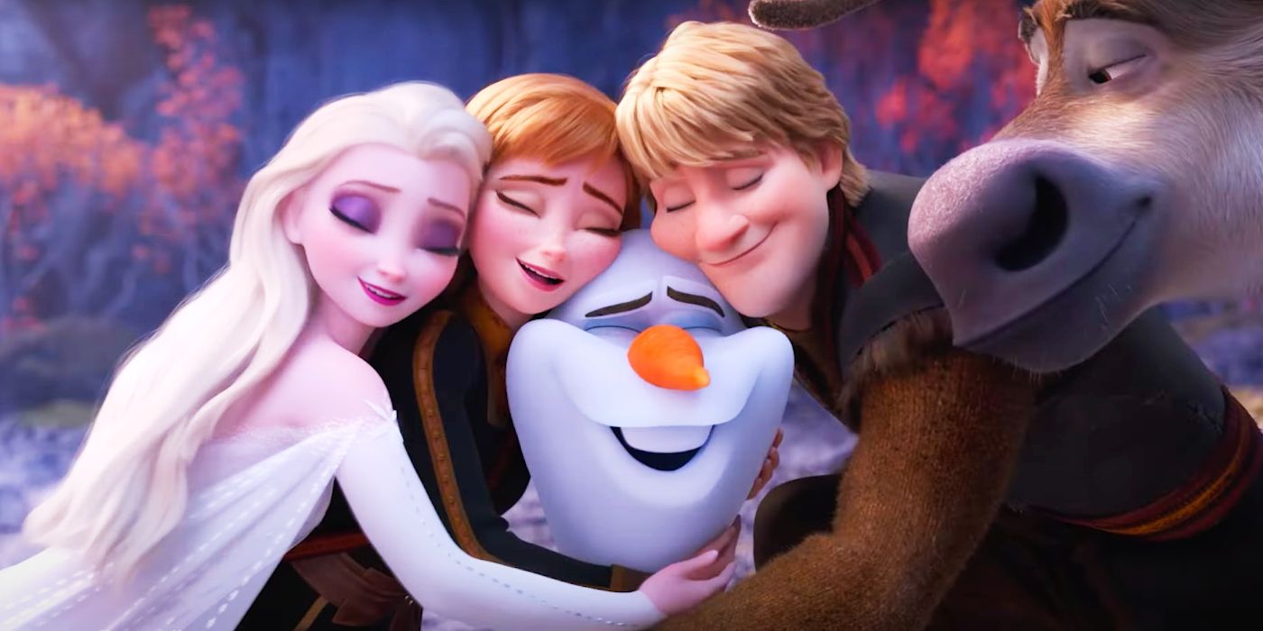 Elsa, Anna, and Kristoff embrace Olaf in Frozen 2.