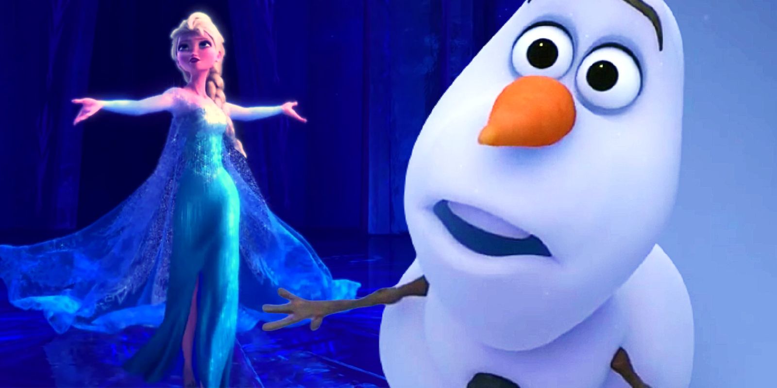 This image shows Elsa in Let It Go with a wide eyed Olaf.
